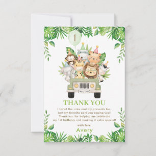 Jungle Animals Safari Car Greenery 1st Birthday Thank You Card