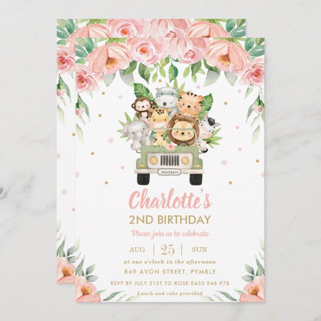 Jungle Animals Safari Car Pink Floral Birthday Invitation (Front/Back)