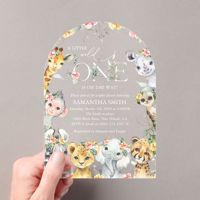 Jungle Animals, Safari, Flowers, Baby Shower Acrylic Invitations (Insitu (Handheld))