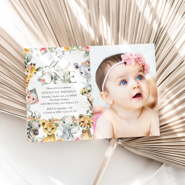 Jungle Animals, Safari, Flowers, First Birthday Invitation (Creator Uploaded)