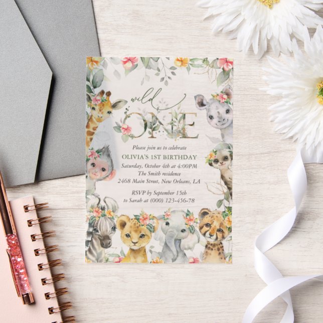 Jungle Animals, Safari, Flowers, First Birthday Vellum Invitations (Wedding)