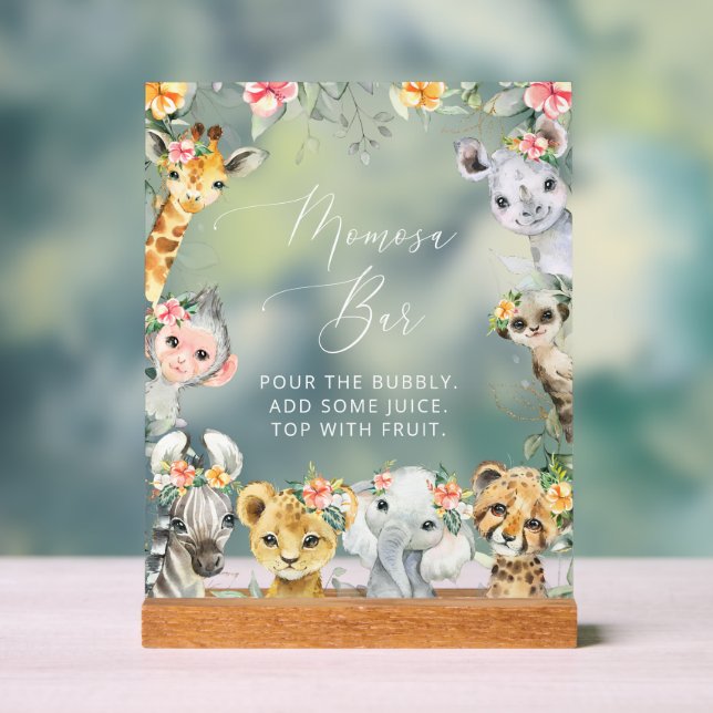 Jungle Animals, Safari, Flowers, Momosa Bar Acrylic Sign (Neutral)
