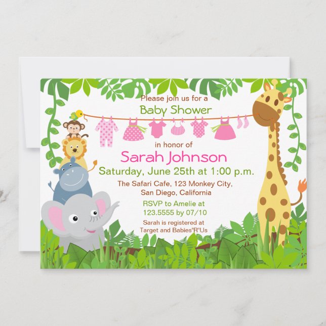 Jungle Animals Safari Girl Baby Shower Invitation (Front)