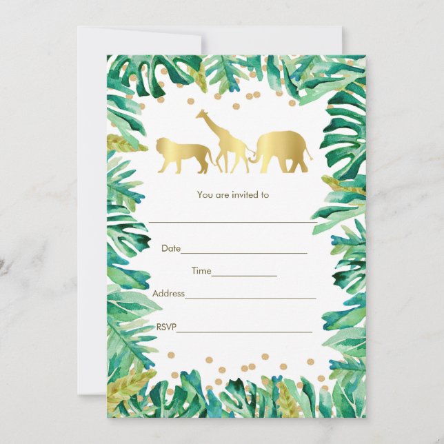 Jungle Animals Safari Invitation Fill In Gold (Front)