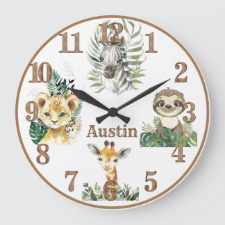 Jungle Animals Safari Personalised Nursery Round Large Clock