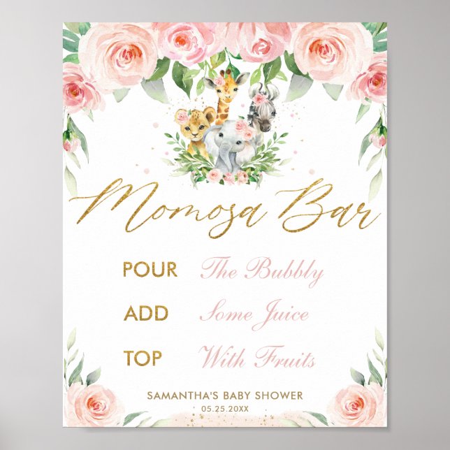 Jungle Animals Safari Pink Floral Momosa Bar Sign (Front)