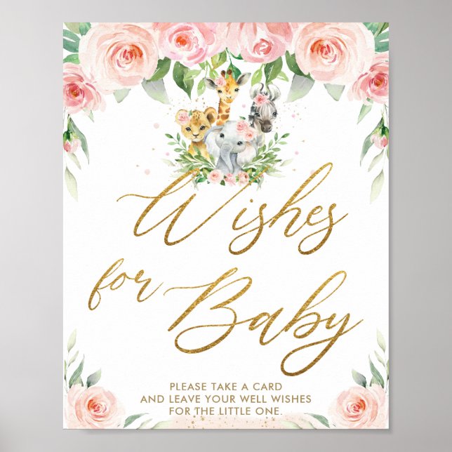 Jungle Animals Safari Pink Floral Wishes for Baby Poster (Front)