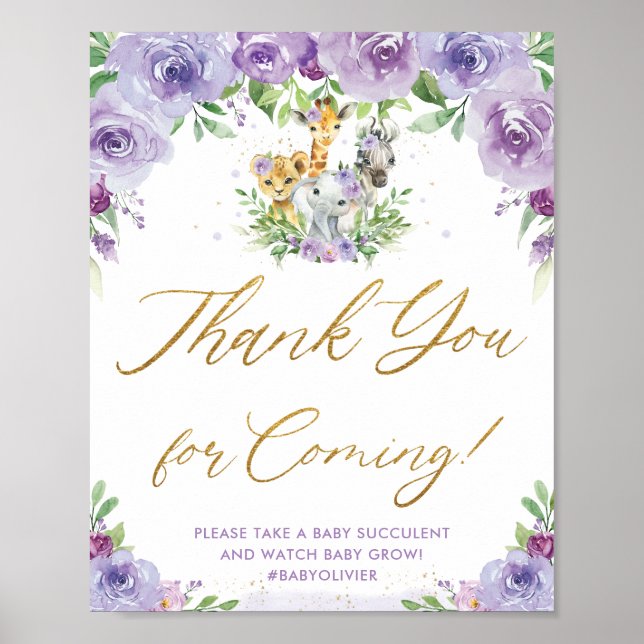 Jungle Animals Safari Purple Floral Thank You Sign (Front)