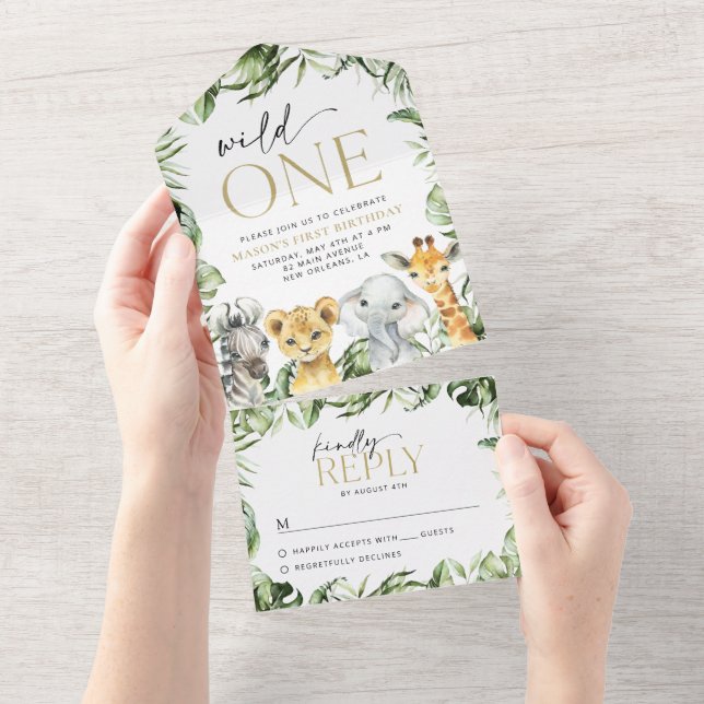 Jungle Animals, Safari, Wild One, First Birthday All In One Invitation (Tearaway)