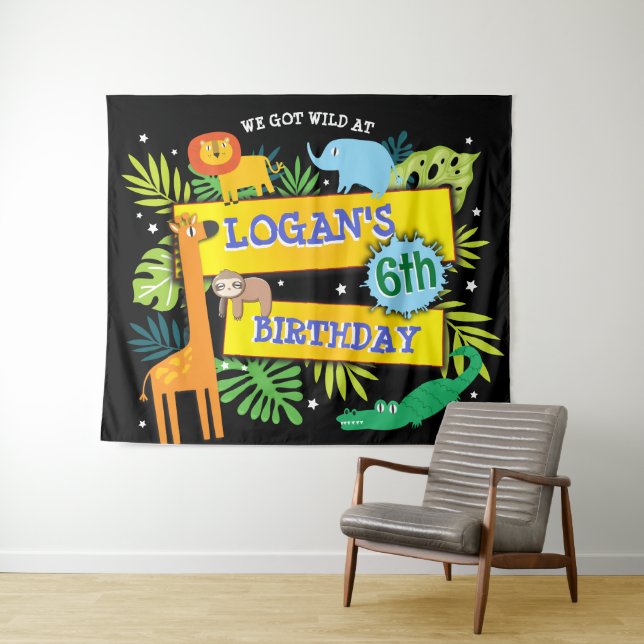 JUNGLE ANIMALS SAFARI ZOO Birthday BANNER SIGN Tapestry (In Situ (Horizontal))