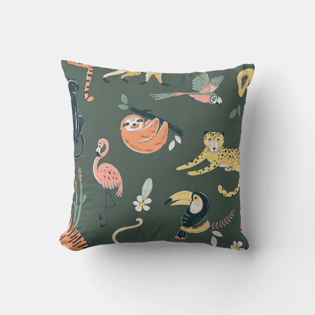 Jungle Animals Vintage Flora Fauna Cushion (Front)