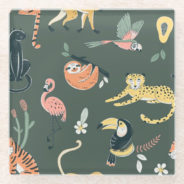 Jungle Animals Vintage Flora Fauna Glass Coaster (Front)
