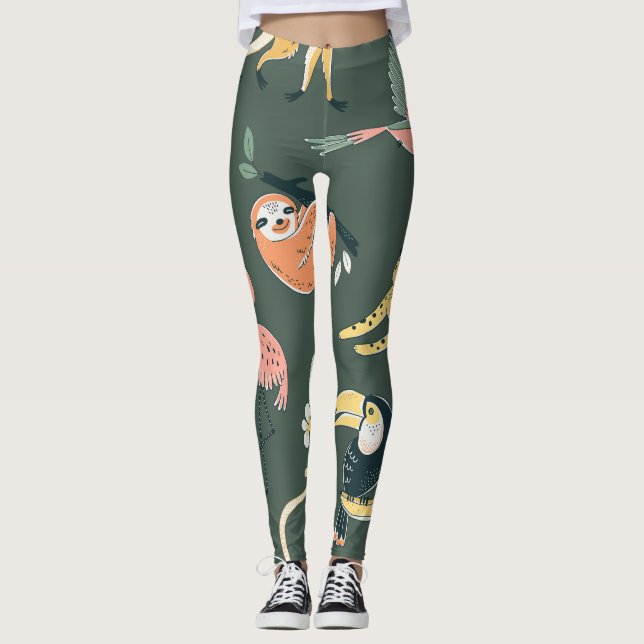 Jungle Animals Vintage Flora Fauna Leggings (Front)