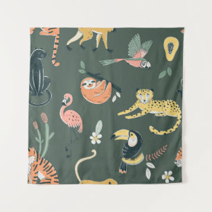 Jungle Animals Vintage Flora Fauna Tapestry