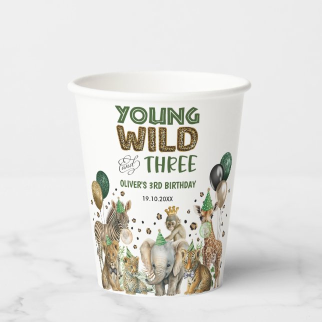 Jungle Animals Young Wild & Three 3rd Birthday Paper Cups (Front)