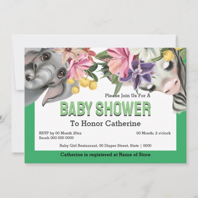 Jungle animals zebra elephant cute baby shower invitation (Front)