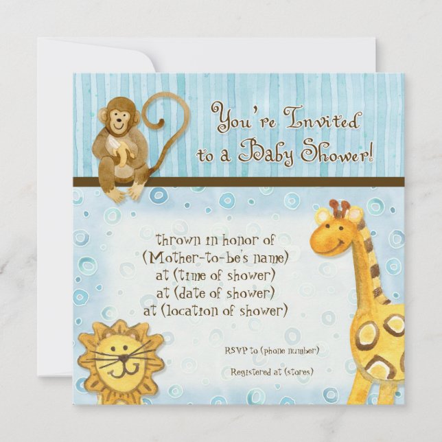 Jungle Babies, Boy Baby Shower Invitation - Blue (Front)