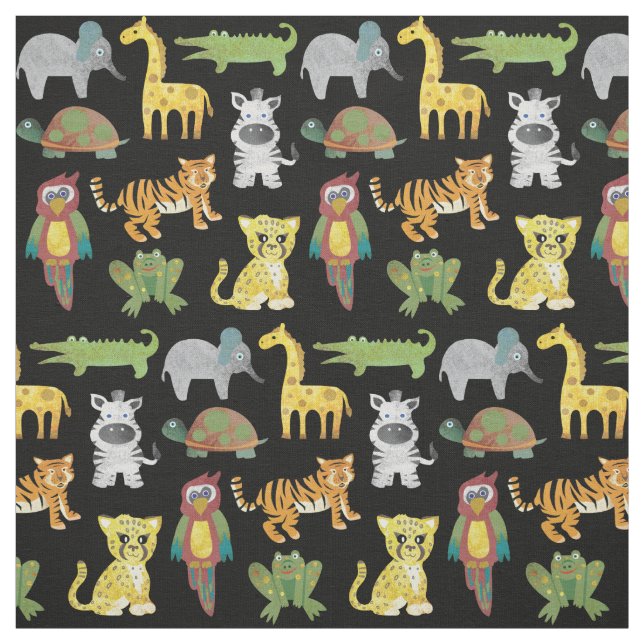 Jungle Babies on Black background Fabric (Swatch)