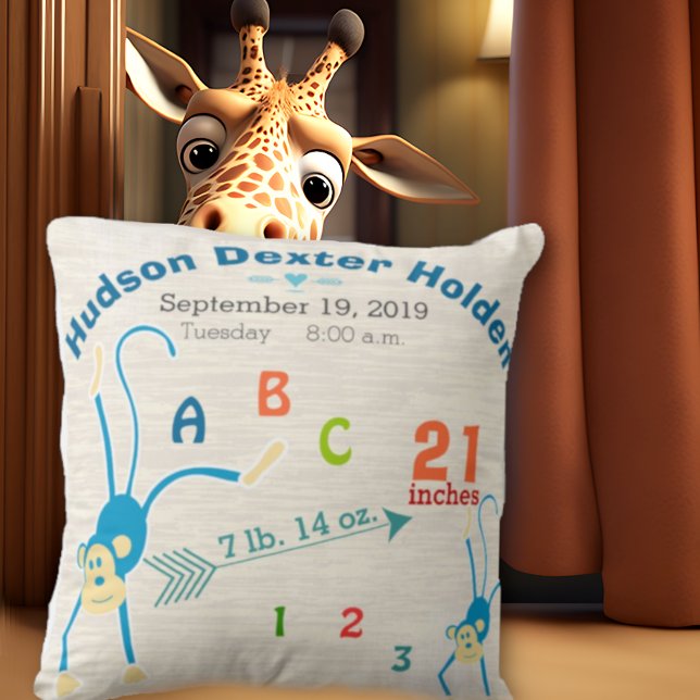 Jungle Baby Boy Nursery Birth Stat Monkey Cute Cushion (Creator Uploaded)