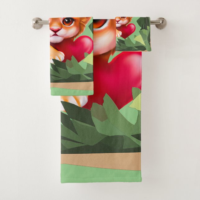 Jungle Baby Lion with a Red Heart Bath Towel Set (Insitu)
