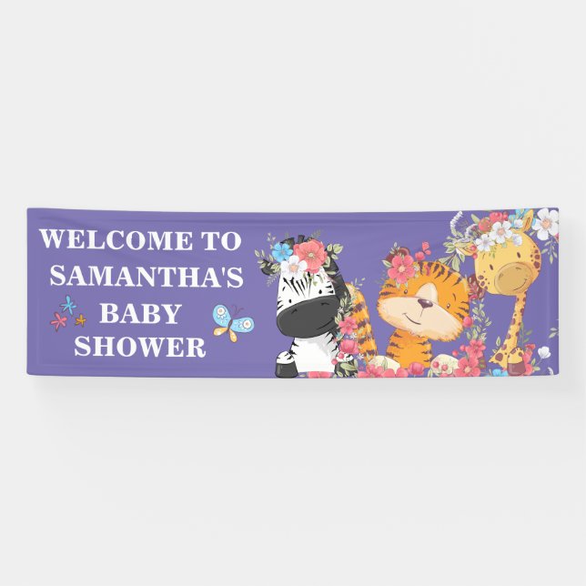 Jungle baby shower cute baby animals purple safari banner (Horizontal)