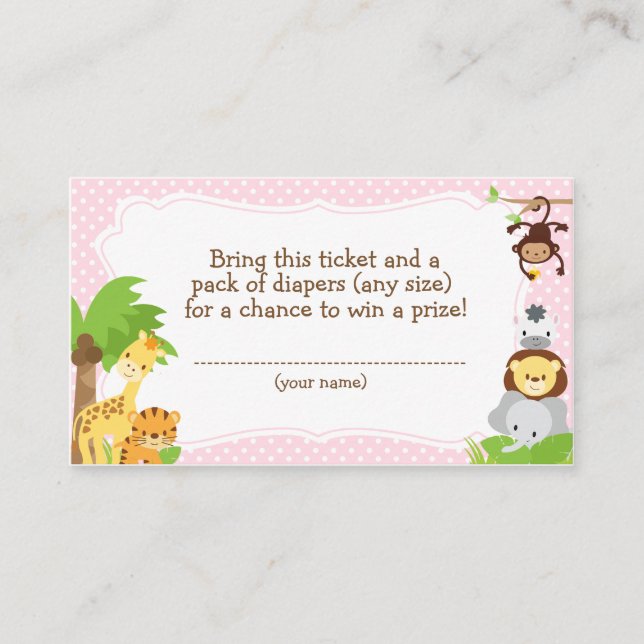 Jungle Baby Shower Diaper Raffle ticket pink Enclosure Card (Front)