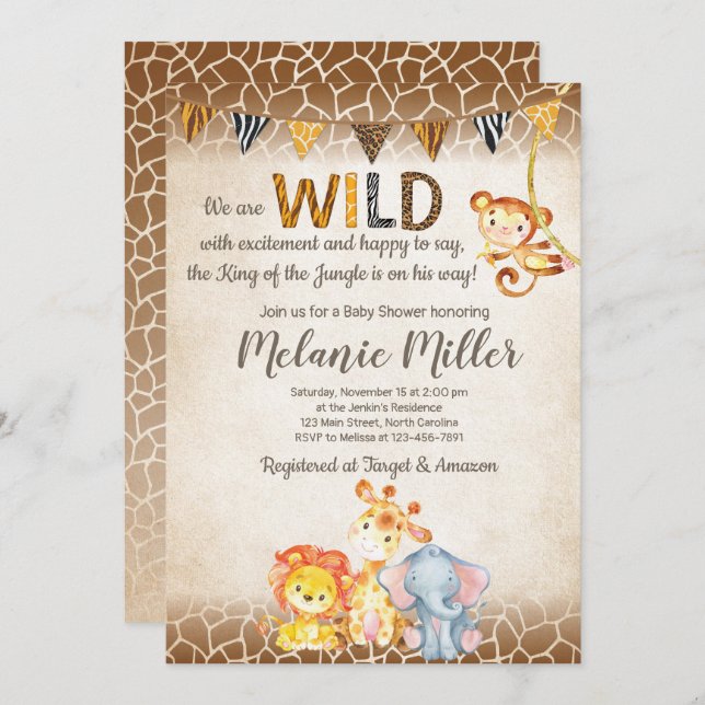 Jungle Baby Shower Invitation, Boy Elephant Baby Invitation (Front/Back)