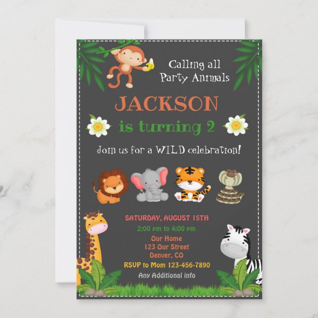 Jungle birthday invitation Party animals invite (Front)