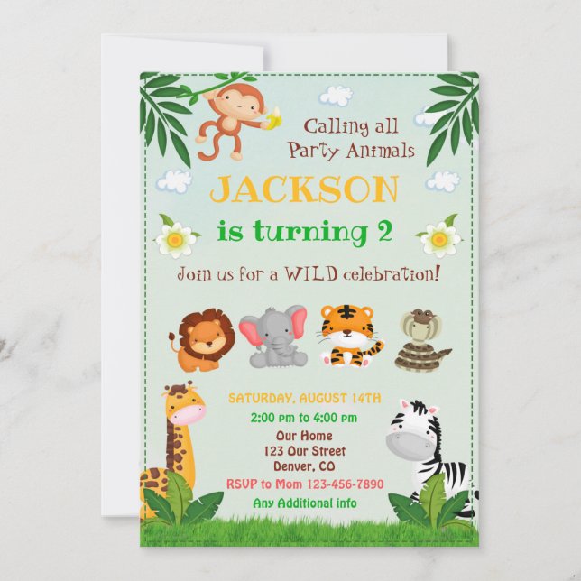 Jungle birthday invitation Party animals invite (Front)