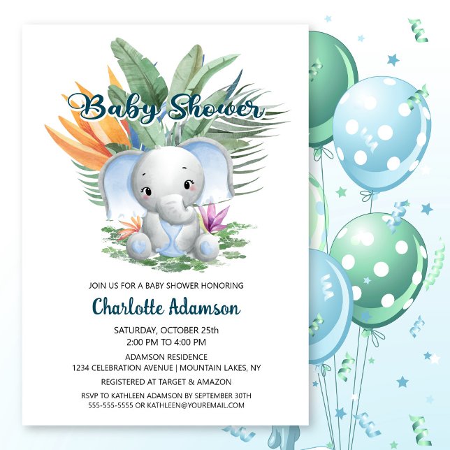 Jungle Blue Elephant Baby Shower Invitation (Creator Uploaded)