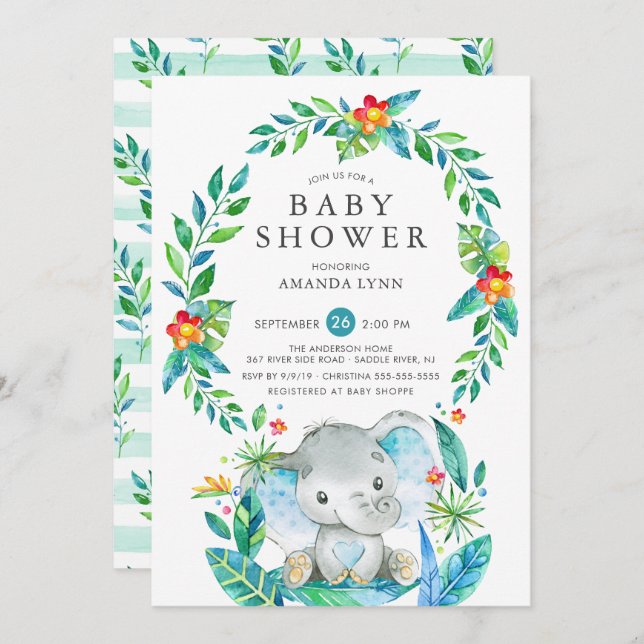 Jungle Blue Elephant Boy Baby Shower Invitation (Front/Back)
