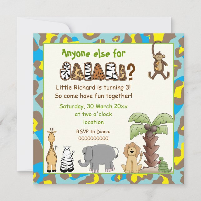 Jungle blue, yellow safari kids birthday party invitation (Front)