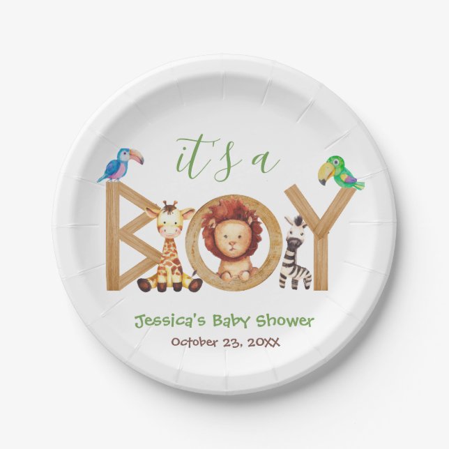 Jungle Boy Baby Shower Cute Safari Animals Wood Paper Plate (Front)