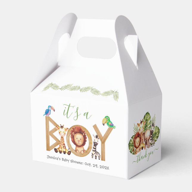Jungle Boy Cute Safari Animals Wood Baby Shower Favour Box (Front Side)