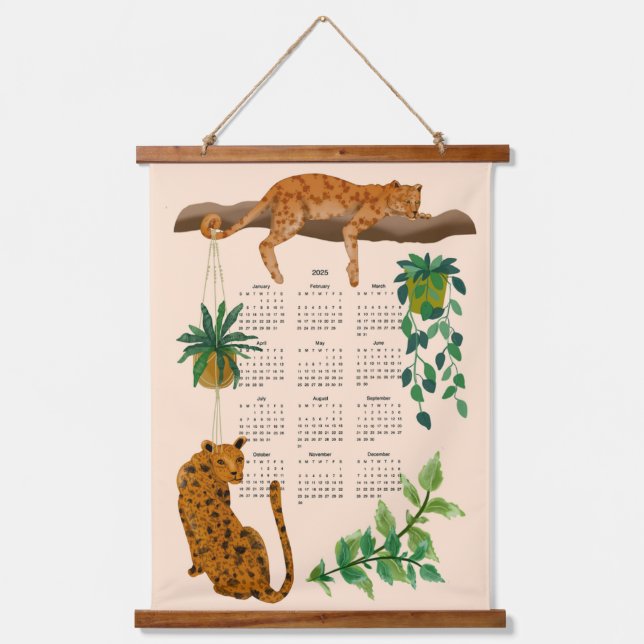 Jungle cats; Leopards and pot plants 2025 calendar Hanging Tapestry (Front)