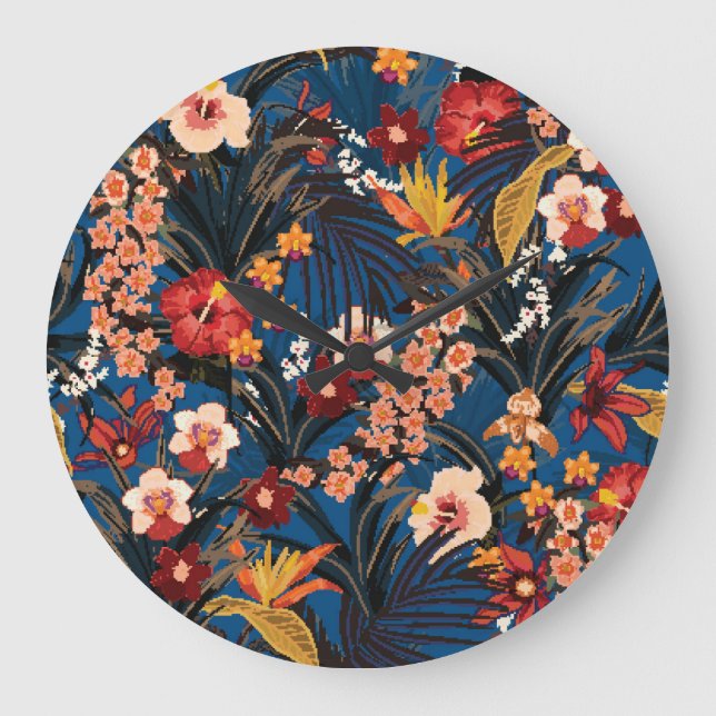 Jungle Chic: Dark Blue Exotic. Large Clock (Front)