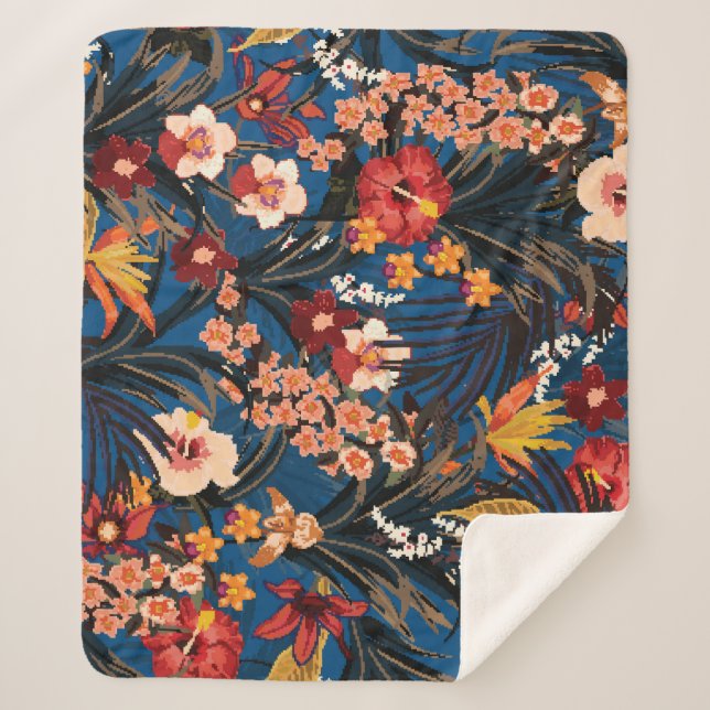 Jungle Chic: Dark Blue Exotic. Sherpa Blanket (Front)