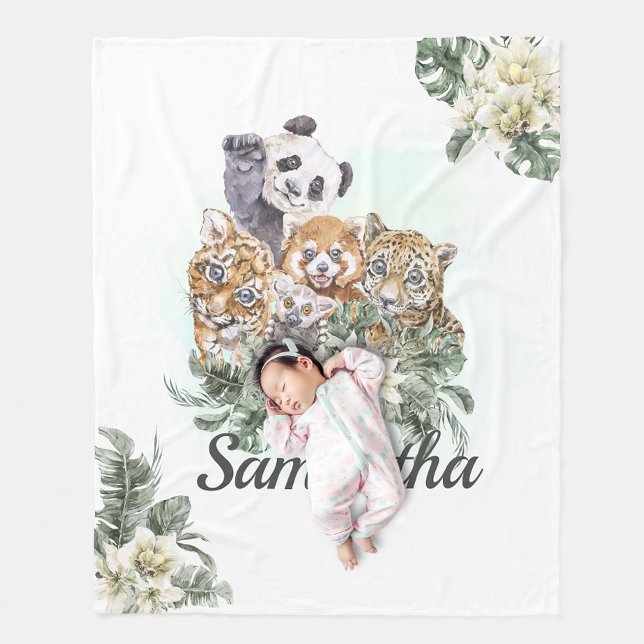 Jungle Cute Animals Monogram Tropical greenery  Fleece Blanket (Creator Uploaded)