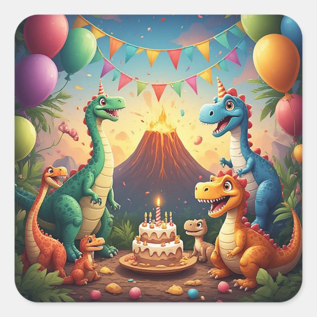 🎈 Jungle Dinosaur Birthday Celebration With Volca Square Sticker (Front)