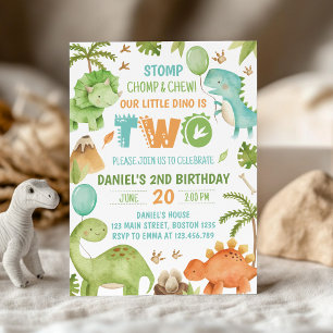 Jungle Dinosaur Cute Boy 2nd Birthday Party Invitation