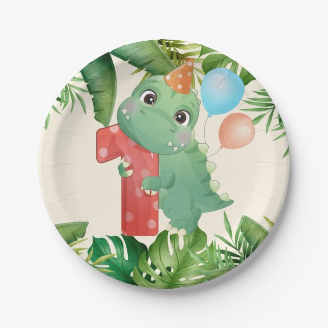 Jungle Dinosaur Palm Leaves 1st Birthday Party Paper Plate (Front)