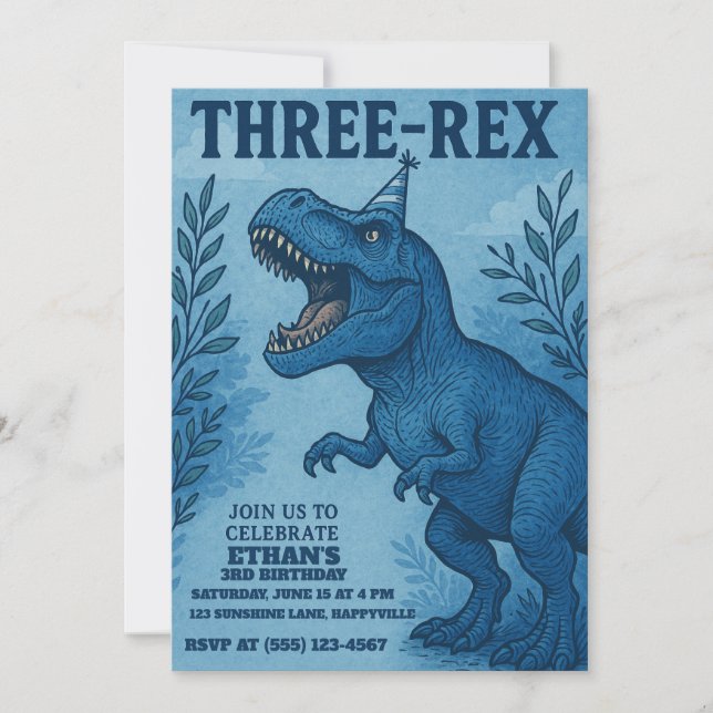 Jungle Dinosaur Three-rex Birthday  Invitation (Front)