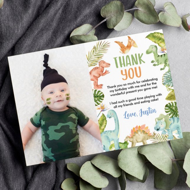 Jungle Dinosaurs Birthday Photo Thank You Card (Creator Uploaded)