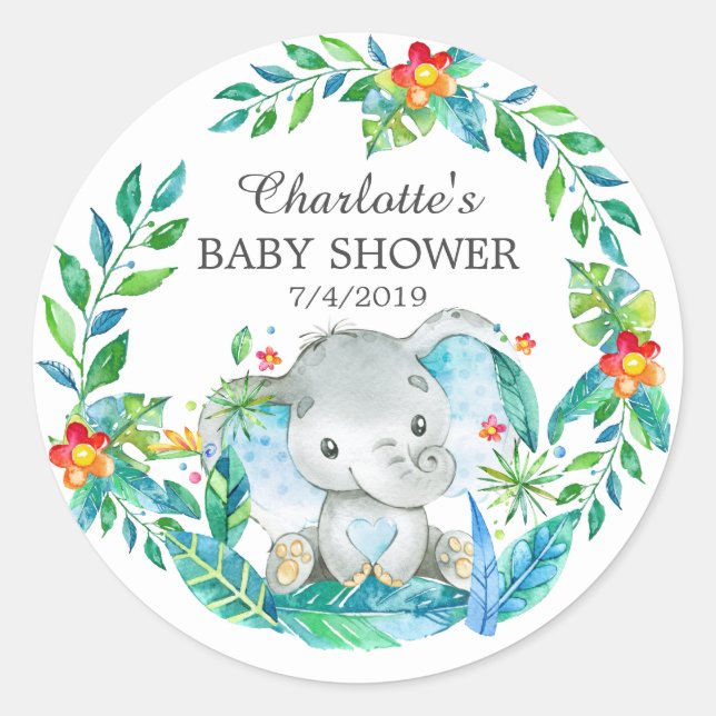 Jungle Elephan Baby Shower Thank You Favour Sticke Classic Round Sticker (Front)