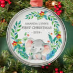 Jungle Elephant Baby's First Christmas Ornament<br><div class="desc">Cute baby's first Christmas ornament the sweetest little elephant framed with watercolor jungle leaves.</div>