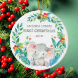 Jungle Elephant Photo1st Christmas Ornament<br><div class="desc">Cute baby's first Christmas ornament the sweetest little elephant framed with watercolor jungle leaves.</div>