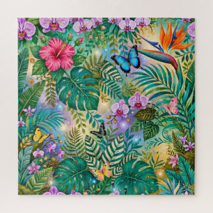 Jungle Fantasy Butterflies Flowers Cheerful Jigsaw Puzzle