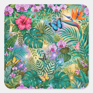 Jungle Fantasy Butterflies Flowers Cheerful Square Sticker