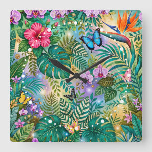 Jungle Fantasy Butterflies Flowers Cheerful Square Wall Clock