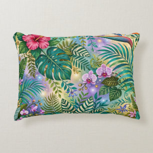 Jungle Fantasy Flowers Purple Green Gold Dreamy Decorative Cushion